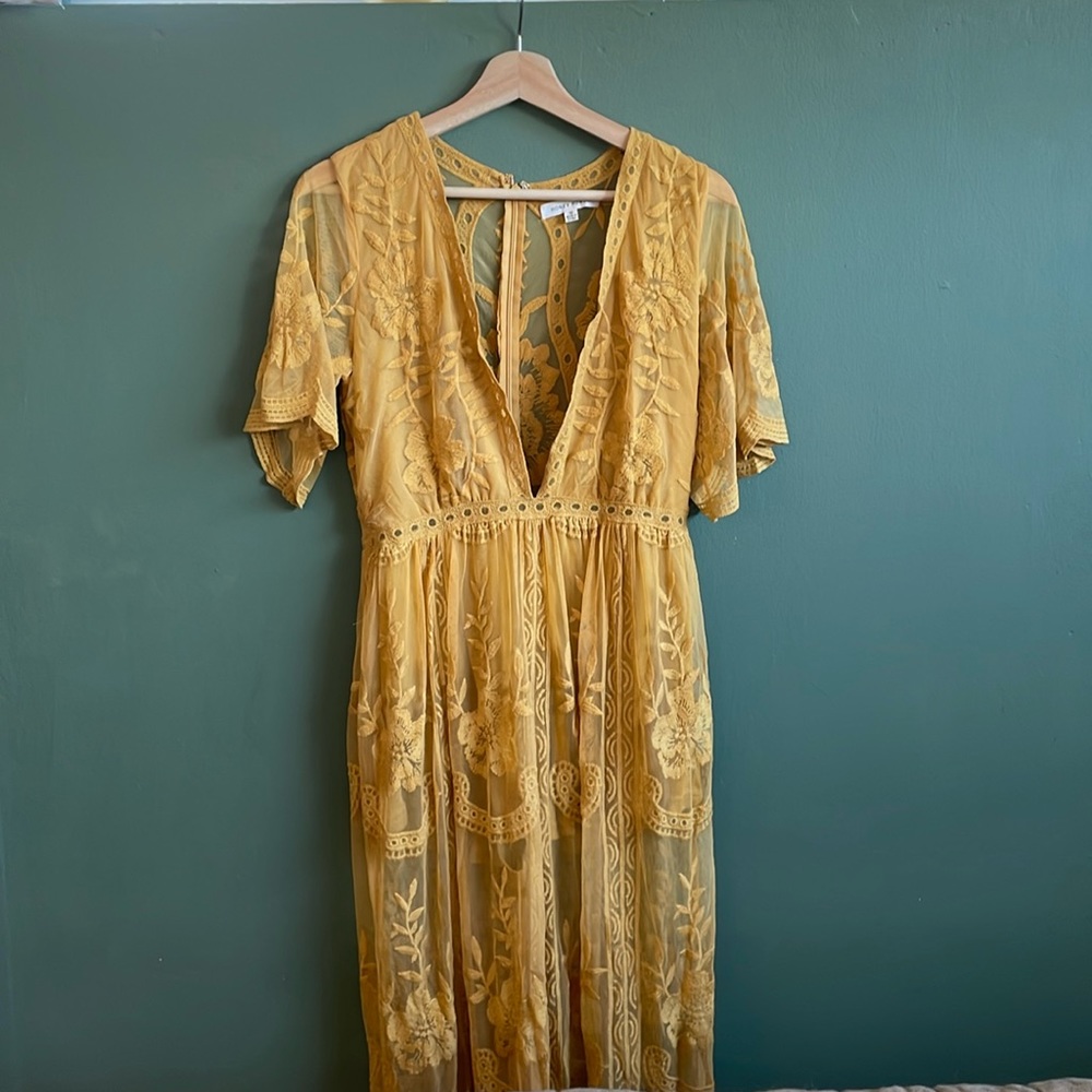 Honey Punch Goldenrod Sheer Lace Maxi Dress